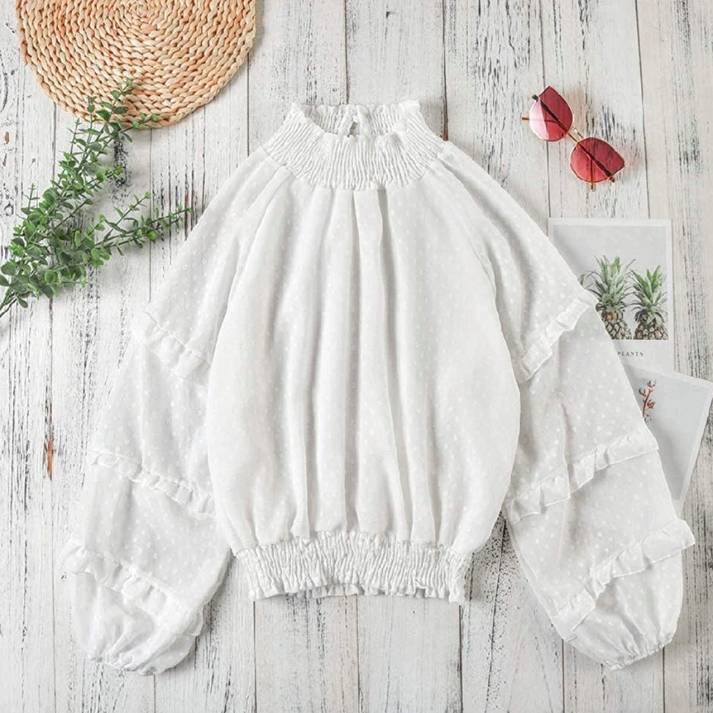 New Ruffled Sheer Sleeve Mock turtleneck Blouse - Picture 3 of 7